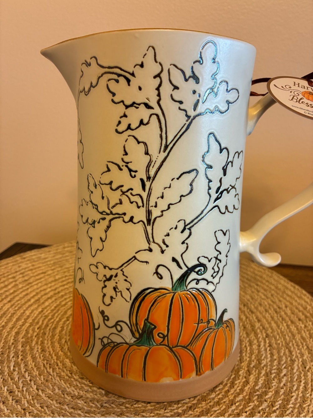 Blue Sky Pumpkin Ceramic Pitcher in Cream and Orange - Picture 10 of 12